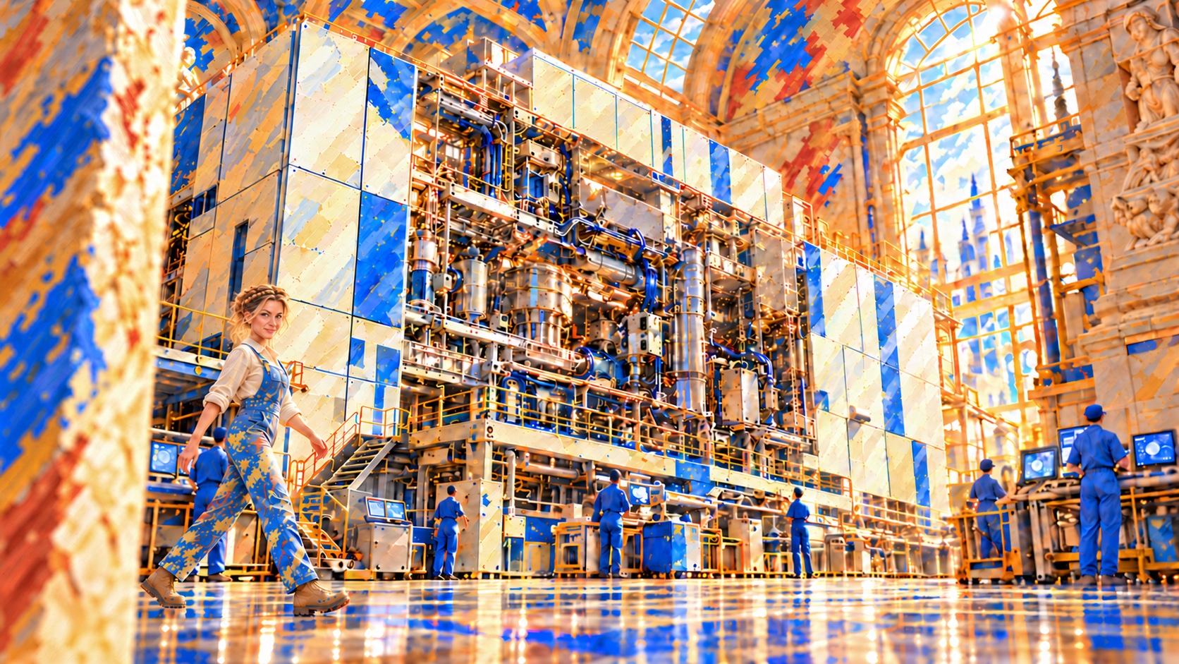 AI-generated storyboard painting of Athena walking beside an imagined cutaway semiconductor machine