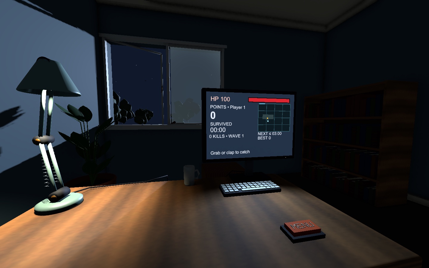 Mozzie's moonlit study, with a desk, open window and survival monitor