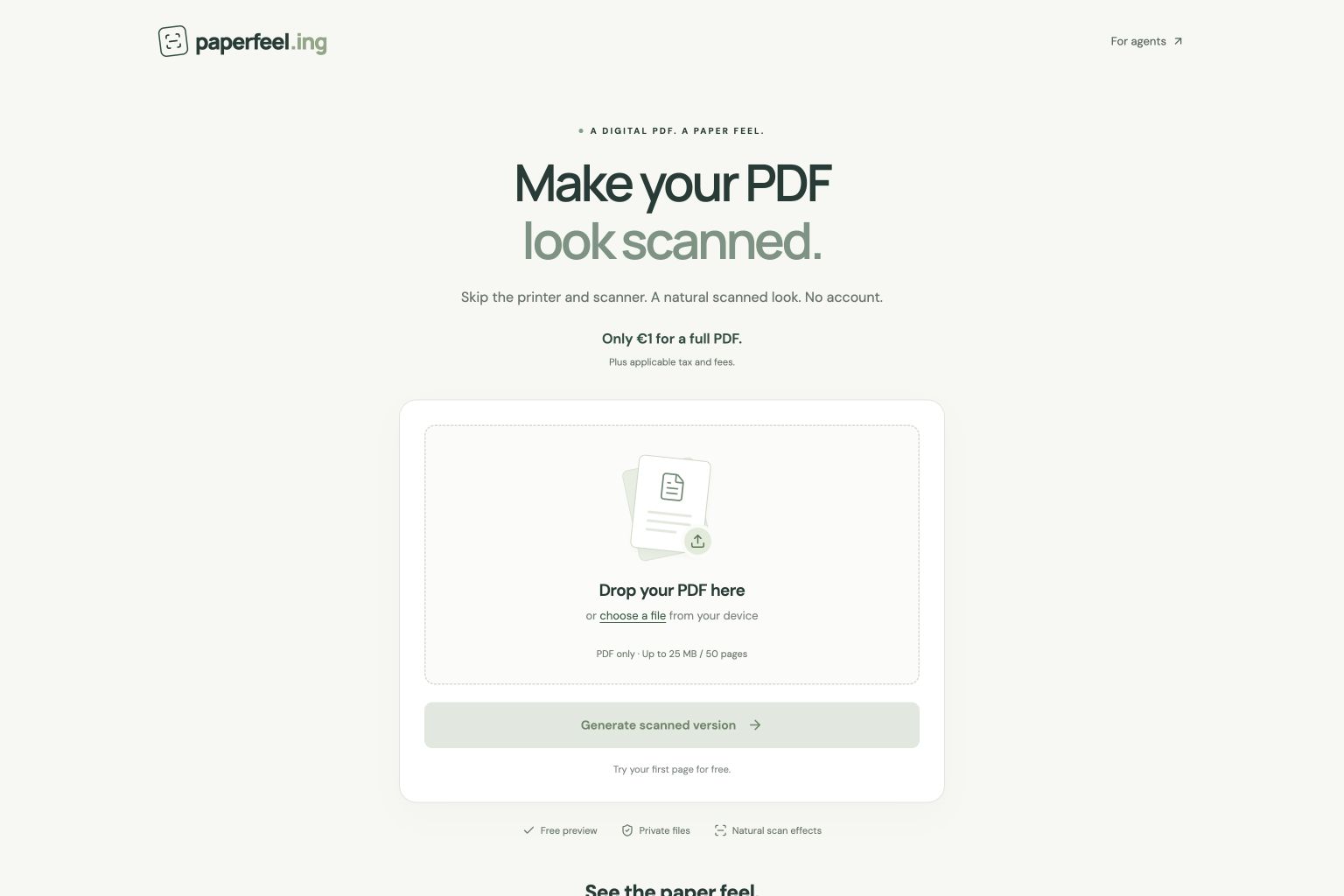 paperfeel.ing homepage with its PDF upload area and free first-page preview