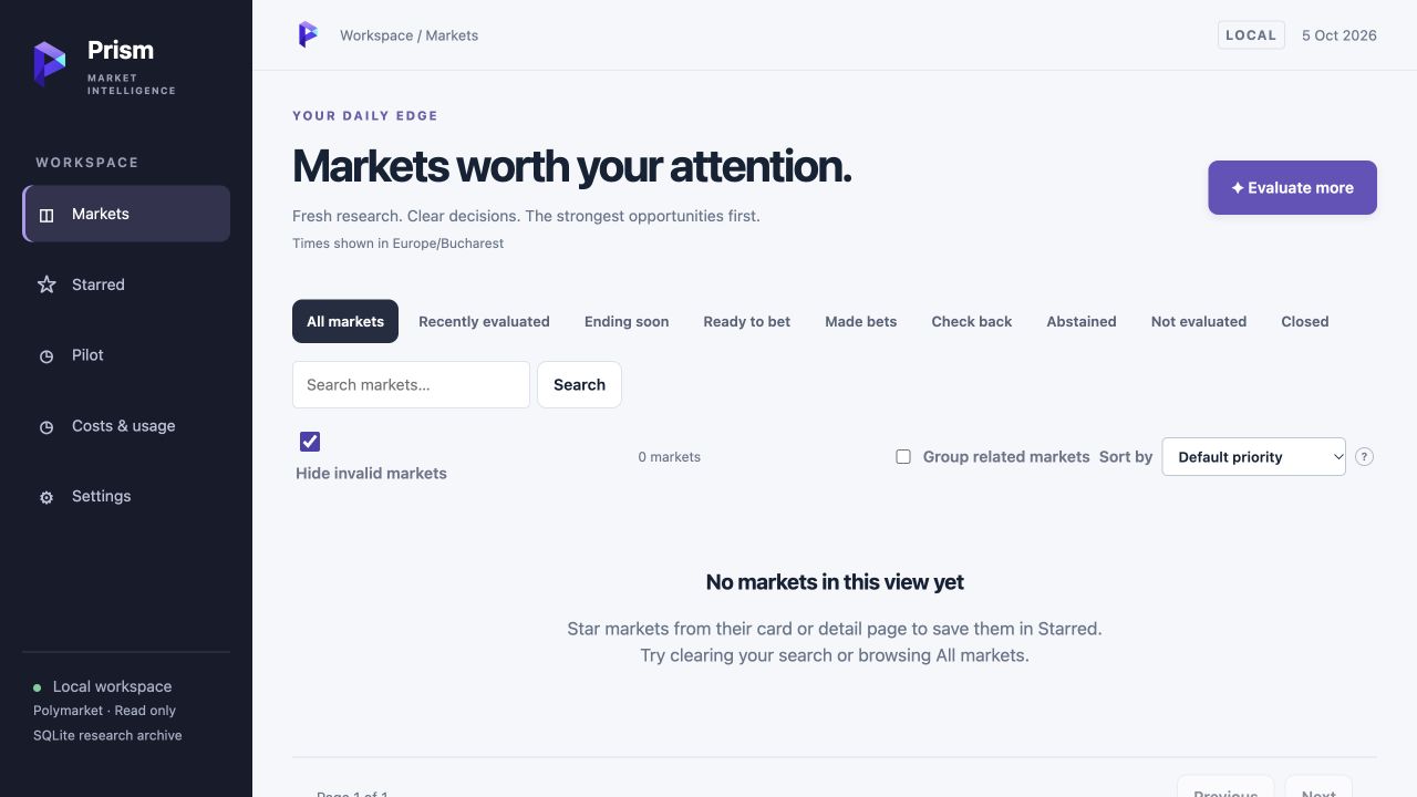 Prism research desk with market filters and evaluation controls